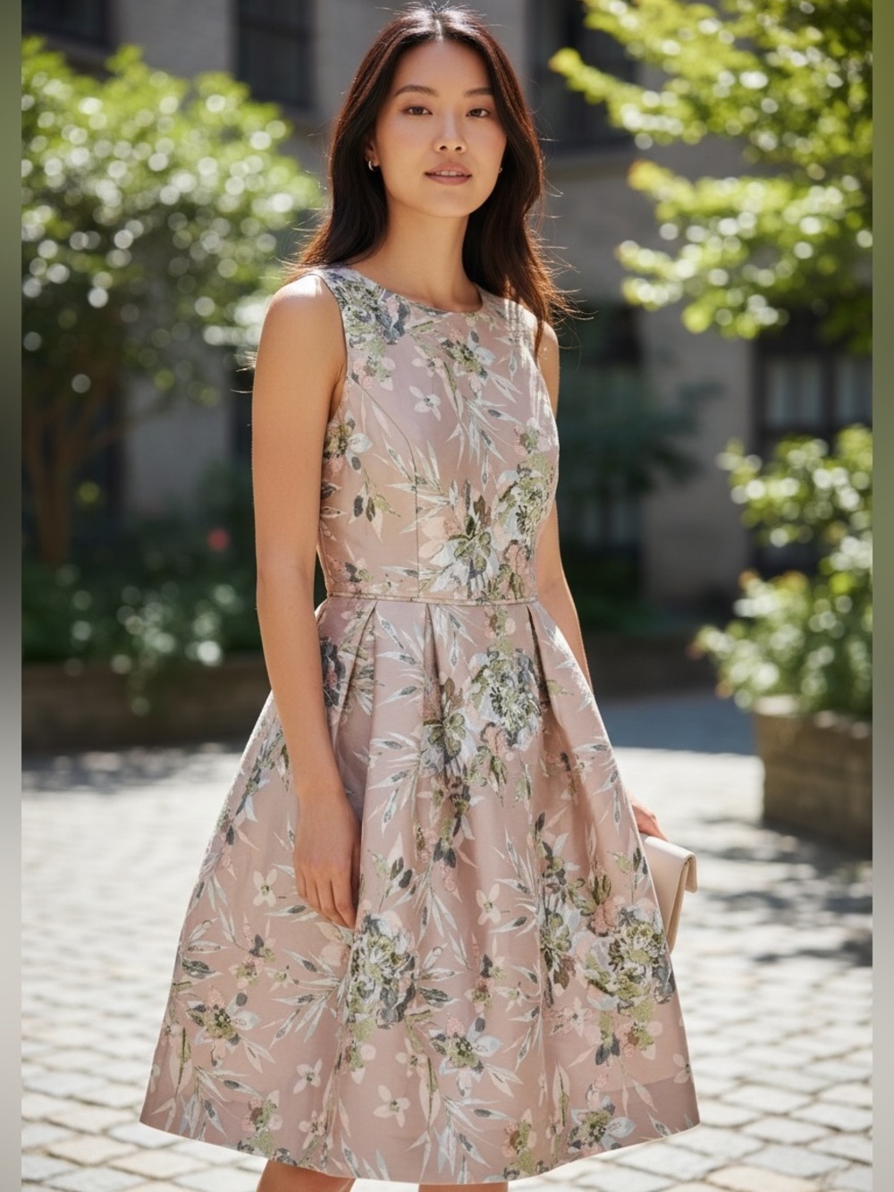 NWT Adrianna Papell Blush Jacquard Metallic Floral Sleeveless Full Skirt Dress